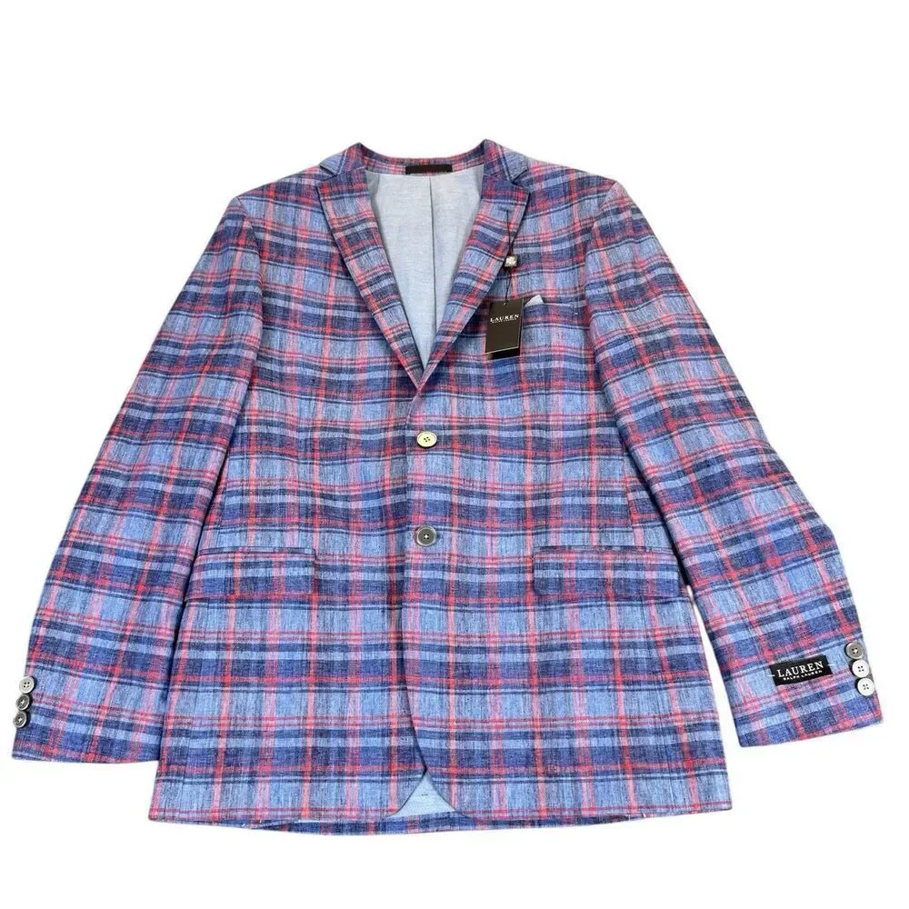 LAUREN RALPH LAUREN Boy 20R Bloxbury Blue Red Plaid Sport Coat Blazer Linen Blen